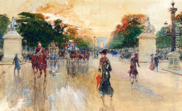Busy Traffic On The Champs Elysees, Paris painting - Georges Stein Busy Traffic On The Champs Elysees, Paris art painting